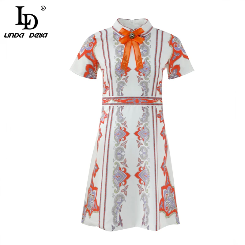 

LD LINDA DELLA Fashion Runway Summer Dress Women's Short Sleeve Bowknot Printed Collect Waist Vintage A Line Midi Dresses 2019