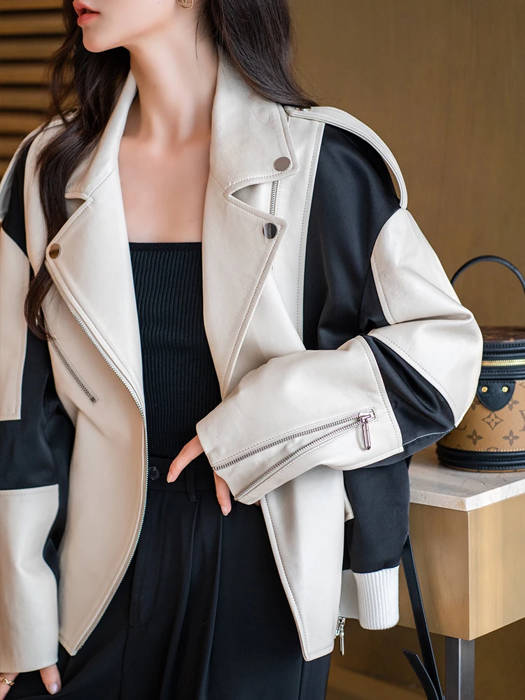 Women\'s Winter Sheepskin Coat Green Black White Splicing  Leather Jackets Coat Autumn loose Locomotive Women Jacket Coats