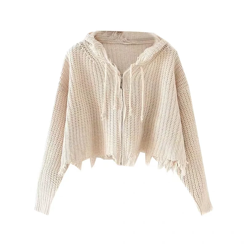 New Women's Sweater Black Beige Zipper Knitted Tops Female Casual Hole Street Wear Spring Fall Winter Clothes Women