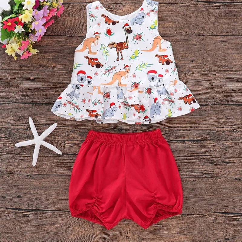 

Xmas Toddlers Kids Baby Girl T-shirt Anime Xmas Tops+Pants Shorts Red Outfits Clothes Summer Baby Christmas Sets