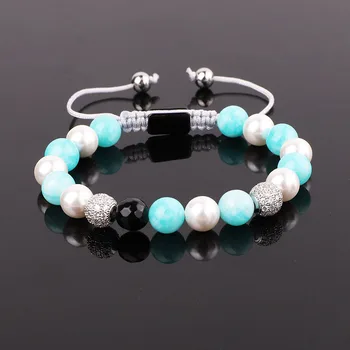 Jaravvi 8mm Blue Jade White Shell Crystal Ball  Friendship Adjustable Macrame Beads Bracelet For Women