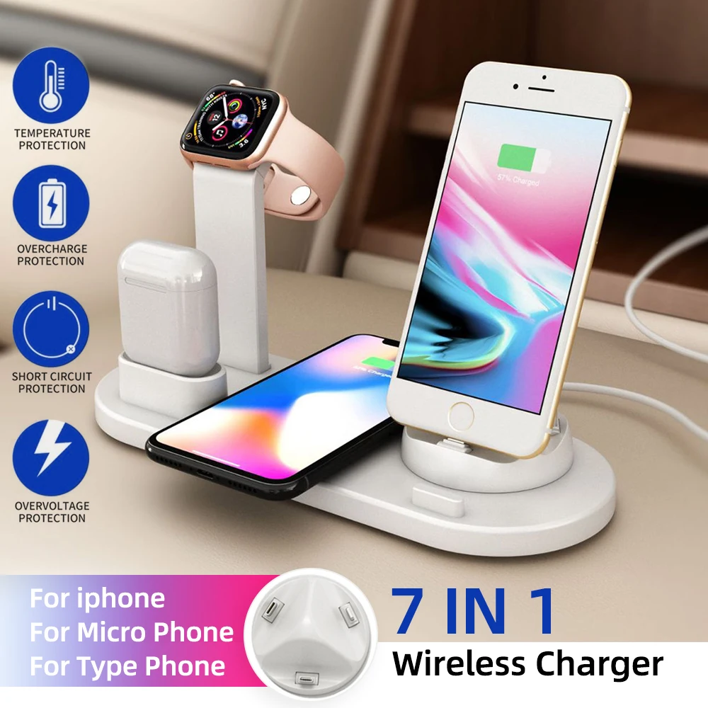 

Newest 10W Qi 7 IN 1 Wireless Charger Wire Charging Station Fast Charging Dock For Mobile Phone Airpods Apple Watch Series