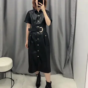

Women Pu Faux Leather Dress Streetwear With Belt Short Sleeve Midi Dress Black Single-Breasted Straight Dresses