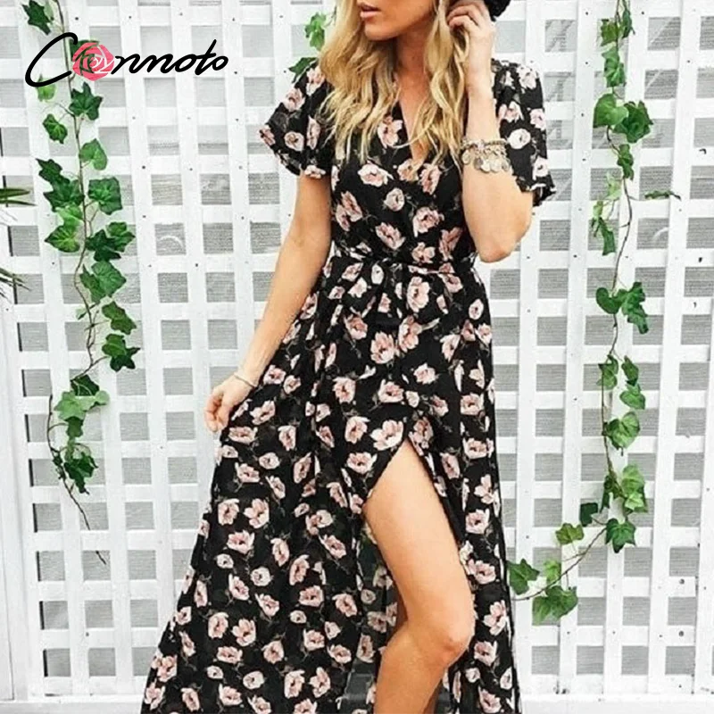 

Conmoto long wrap beach boho robe dresses women summer 2020 casual dress sash bow floral plus size maxi feminino dress vestidos