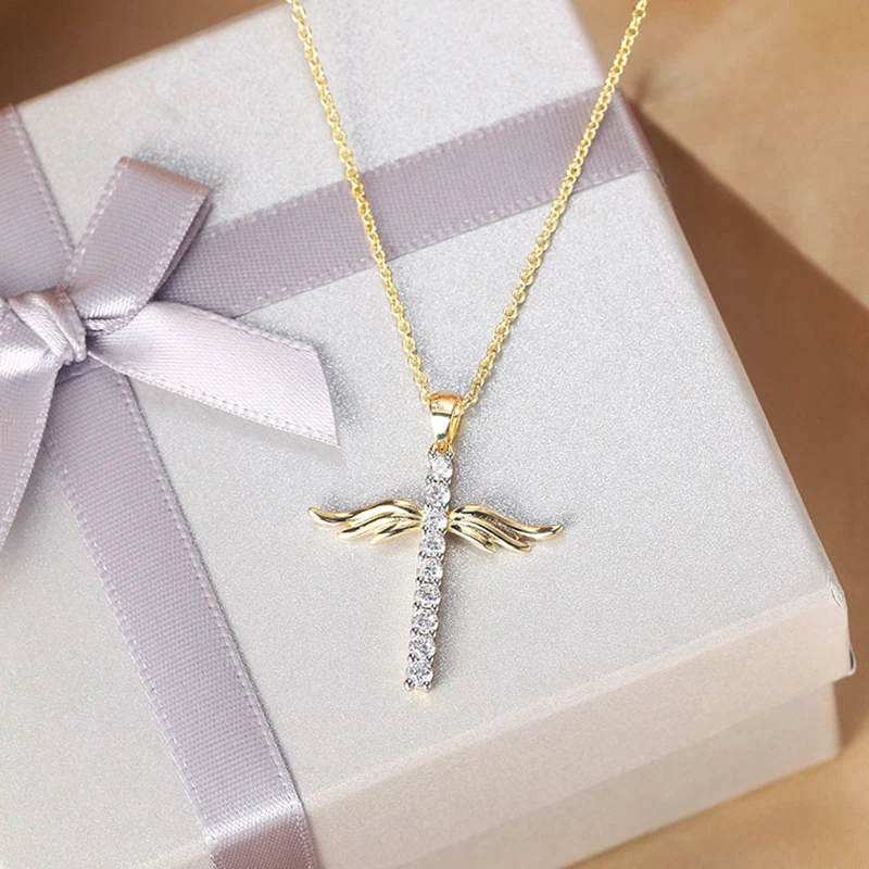 JUWANG Hot Sale Angle Wing Cross Christian Prayer Necklace Unisex Copper Plated Gold Zircon Collares Choker Accessories - Image 2