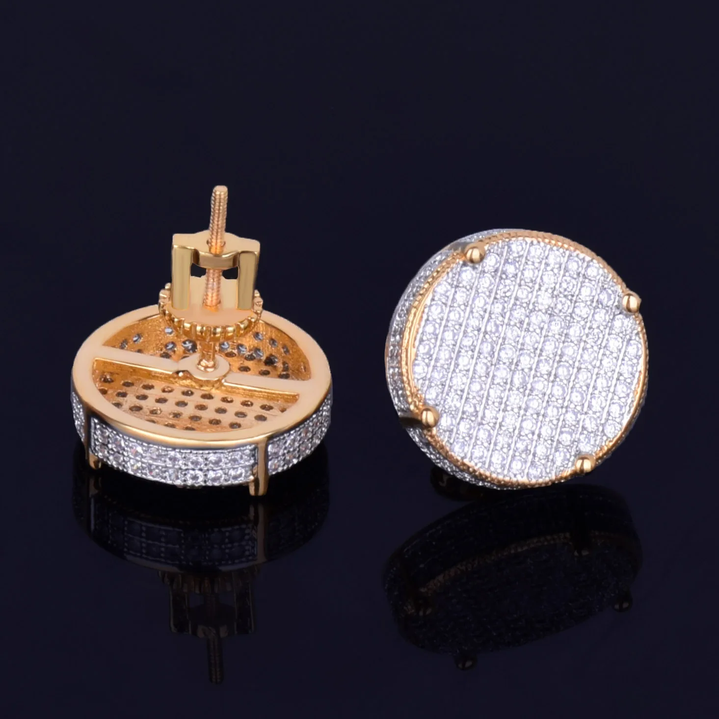 14MM Gold Color Big Round Stud Earring AAAA Cubic Zircon Screw Back Men's Earrings Fashion Hip Hop Jewelry 2