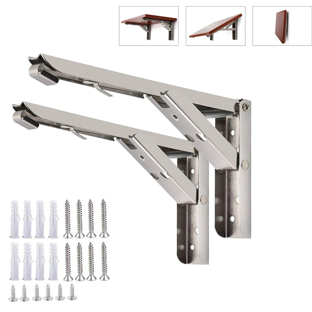 KAK 2PCS Folding Triangle Bracket Stainless Steel Shelf Support Adjustable Shelf Holder Wall Mounted Bench Table Shelf Hardware