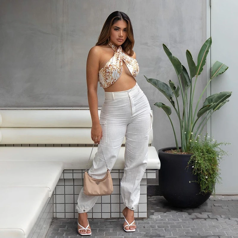 NewAsia Print Wrap Crop Top Woman Lace up Halter Neck Tank Backless Cami Top Ladies Beach Holiday Sexy Streetwear Summer Clothes