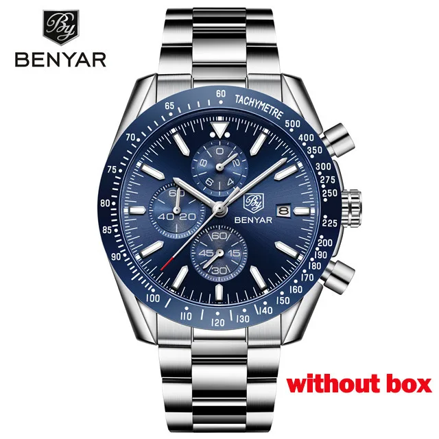 BENYAR мужские часы Топ люксовый бренд Бизнес Сталь Кварцевые Часы повседневные водонепроницаемые мужские наручные часы Relogio Masculino - Цвет: silver blue