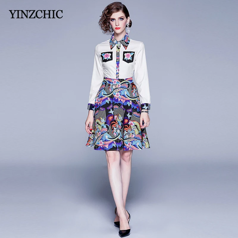 

Ethnic Printed Woman Mid Dress Turn-down Collar Female Slim A-line Dresses Knee-length Ladies Elegant Party Dress for OL