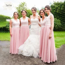 

Chiffon Lace Stitching Bridesmaid Dress V-neck Sleeveless Waist Tie Evening Dress Vestidos De Fiesta Dresses Woman Party Night