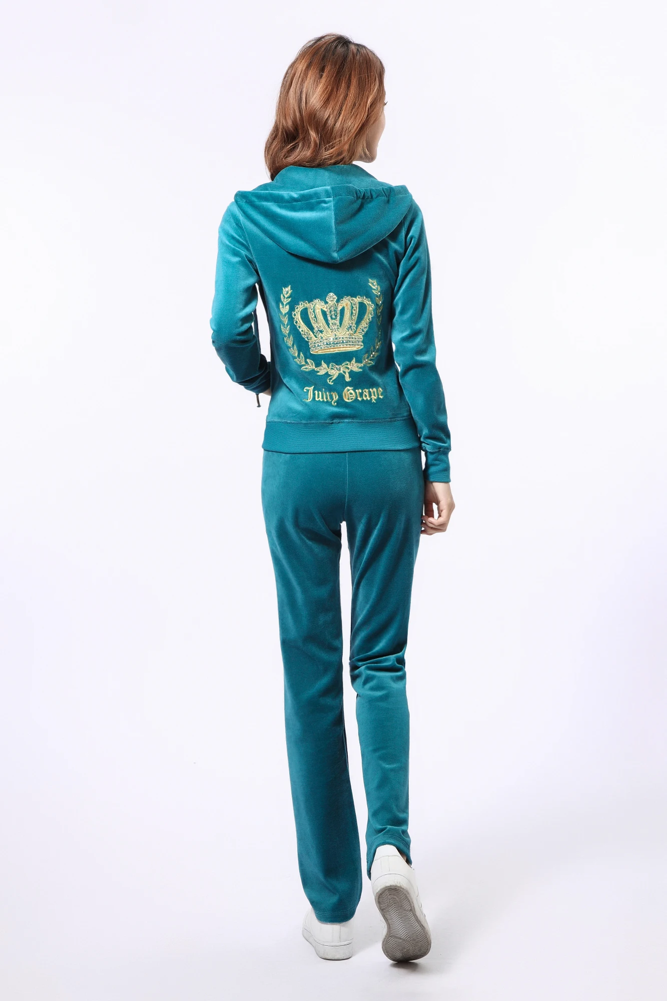 

Juicy Grape Velvet Women Sporting Suits Embroidery Printing Casual Female Tracksuits Hooded Collar Slim Sportswear suit black