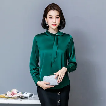 

Spring and Autumn New Solid Color High Neck Long Sleeve Chiffon T-shirt Women 2020
