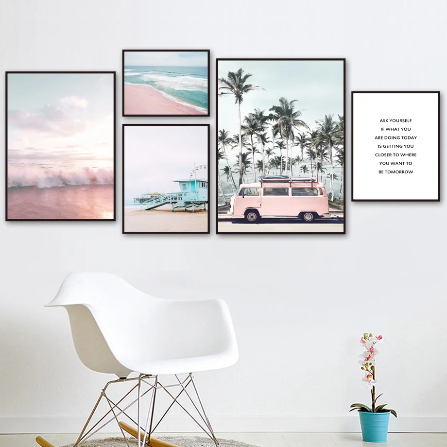 

Pink Bus Sea Wave Beach Coconut Tree Wall Art Canvas Painting Nordic Posters And Prints Wall Pictures For Living Room Decor