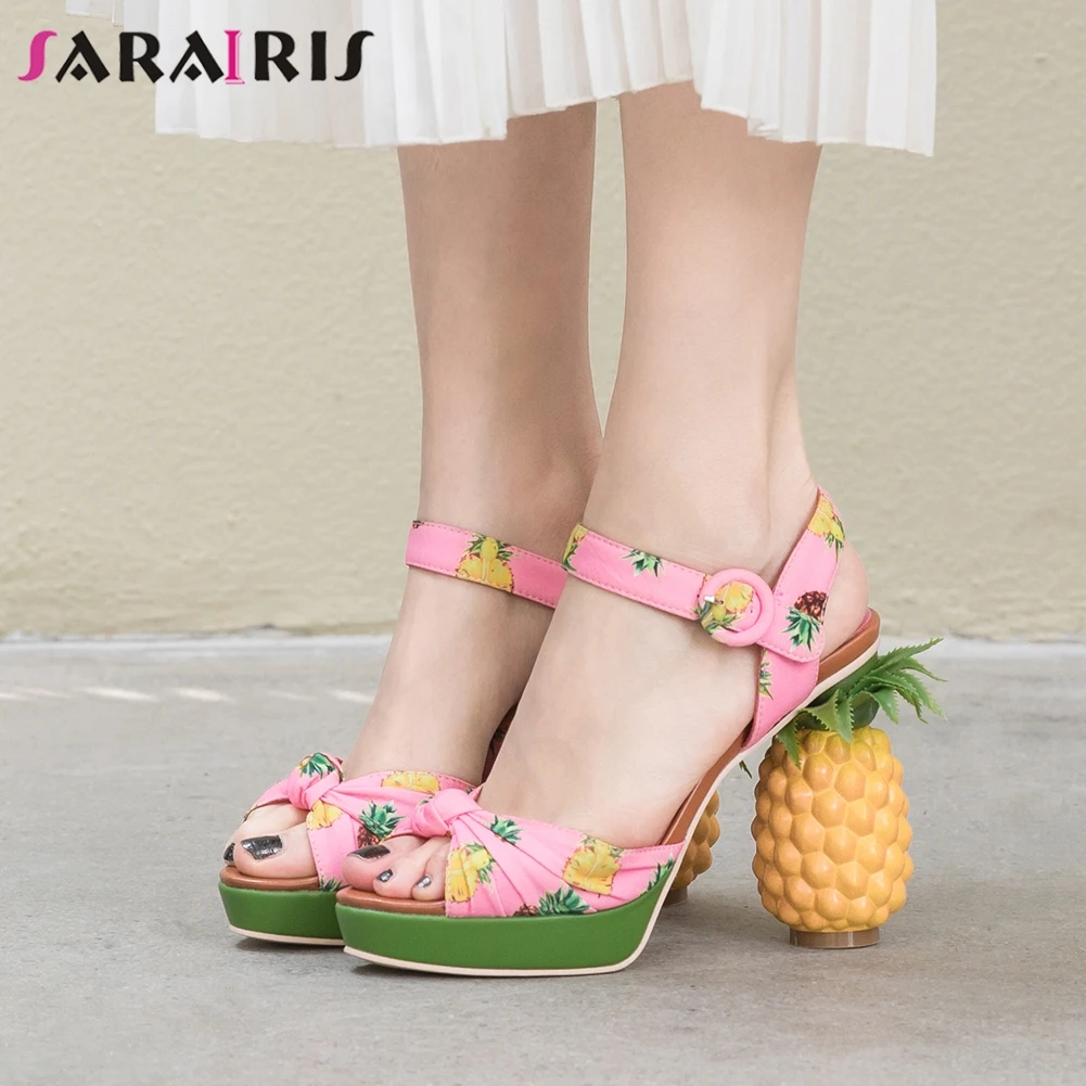 

SARAIRIS Unique High Strange Heels Sandals Party Date Platform Sandals Women Classic Brand Print Ankle Strap Shoes Woman