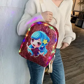 

Cartoon Lovely Kids Girl Backpack Sequins Leather Durable Travel Shoulder School Bookbag Casual Rucksack with LED Lights