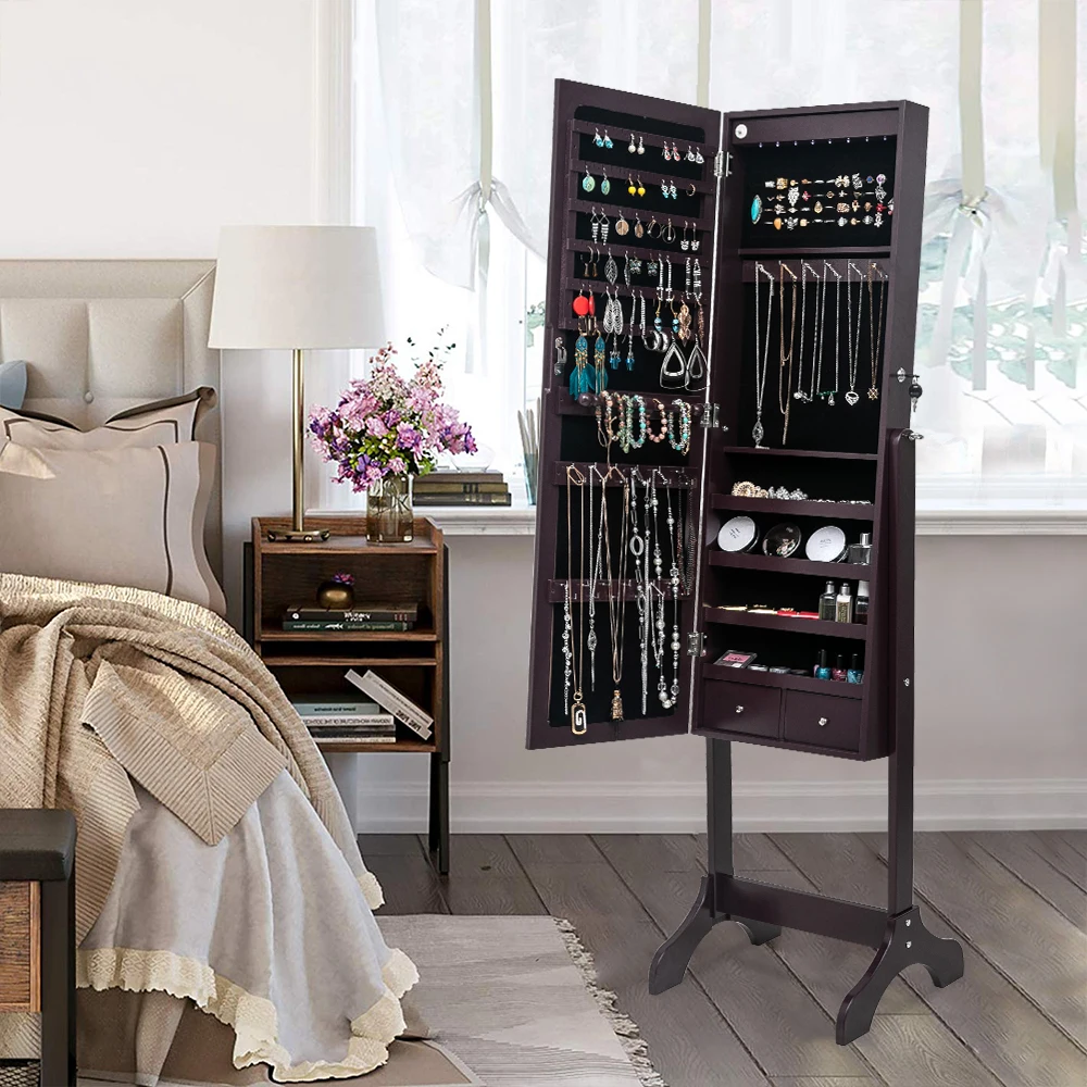 

Non Full Mirror Wooden Floor Type 4-Layer Shelf 2 Drawers 8 Blue Led Light Jewelry Storage Adjustable Mirror Cabinet Dark Brown