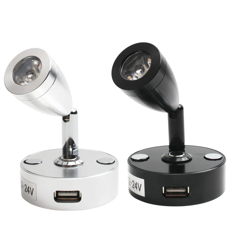 Van Lighting Faretto LED Da Lettura 12V Con Porta USB | Luce Calda 3200K | Orientabile 360° | Per Camper, Barca, Camper, Comodino (Argento, 2 Pezzi)