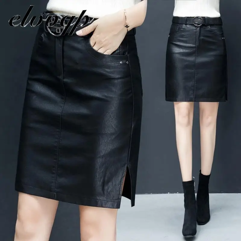 

Plus Size 2020 Autumn Winter Ol Elegant A-line Midi Skirts High Waist Black Pu Leather Split Sheath Wrap Skirts With Belt Female