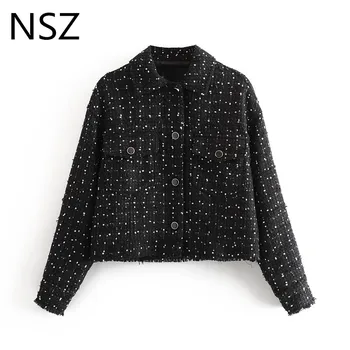 

NSZ women tweed crop top jacket cropped coat long sleeve turn down collar white polka dot black fashion outwear overshirt femme