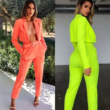 

2019 Womens 2pcs Clothes Sets Long Sleeve Tracksuit Tops + Long Pants With Belt Outfits Party Streetwear Office Ladies OL Suits