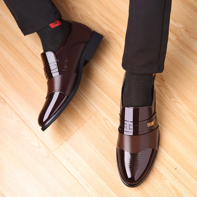 

business men formal shoes PU leather bright slip-on brown black shoes wedding dress office elegant oxford footwear 2019
