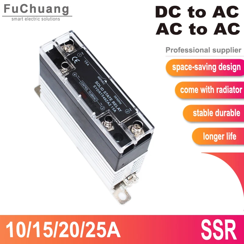 

Slim Solid State Relay single phase 10A 15A 20A 25A DC to AC / AC to AC Din Rail Mount Relay Module with Heat Sink With LED SSR