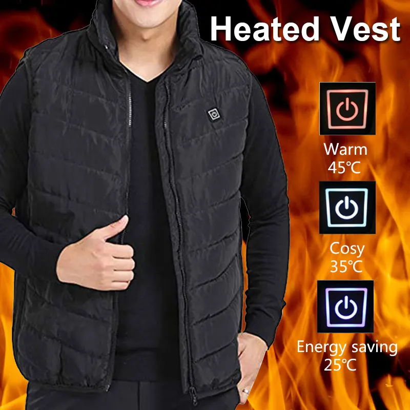 

Black USB Sleeveless Electric Heated Vest Hot Winter Thermal Heated Pad Clothing Physiotherapy Heating Coat Body Warmer 5-12v