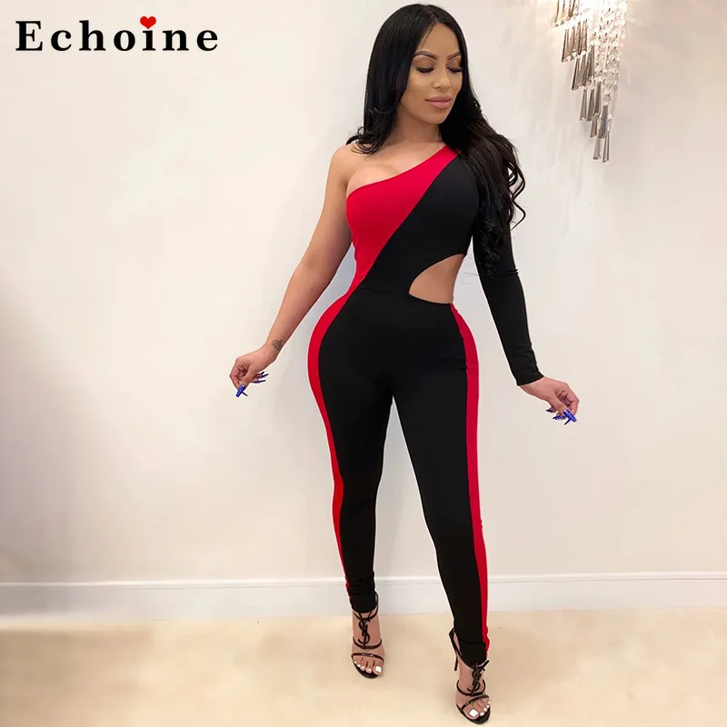 Women Sexy Bodycon Jumpsuit Color Block 
