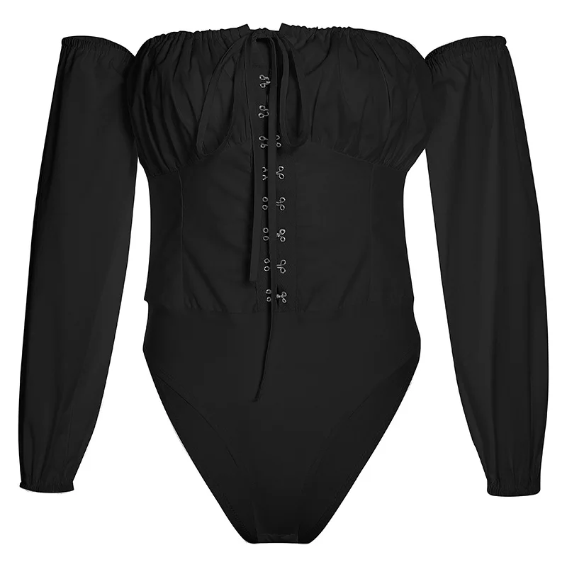 black Сексуальное Женское боди с открытыми плечами и металлической пряжкой, осень, облегающее белое боди с длинным рукавом и открытой промежностью - Цвет: black