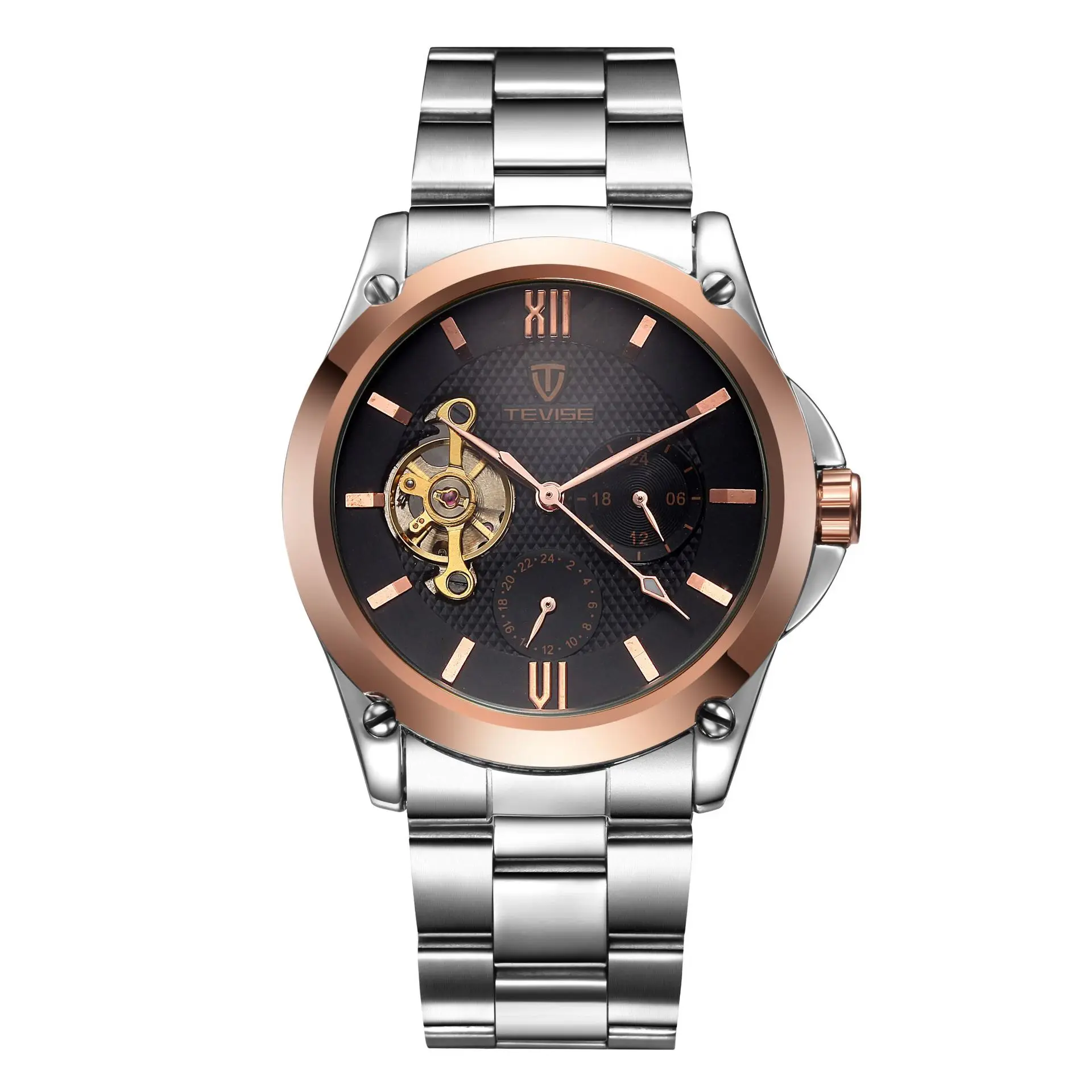 TEVISE Tourbillon механические часы, автоматические мужские часы, светящиеся водонепроницаемые часы с фазой Луны, мужские повседневные механические часы - Цвет: rose gold black