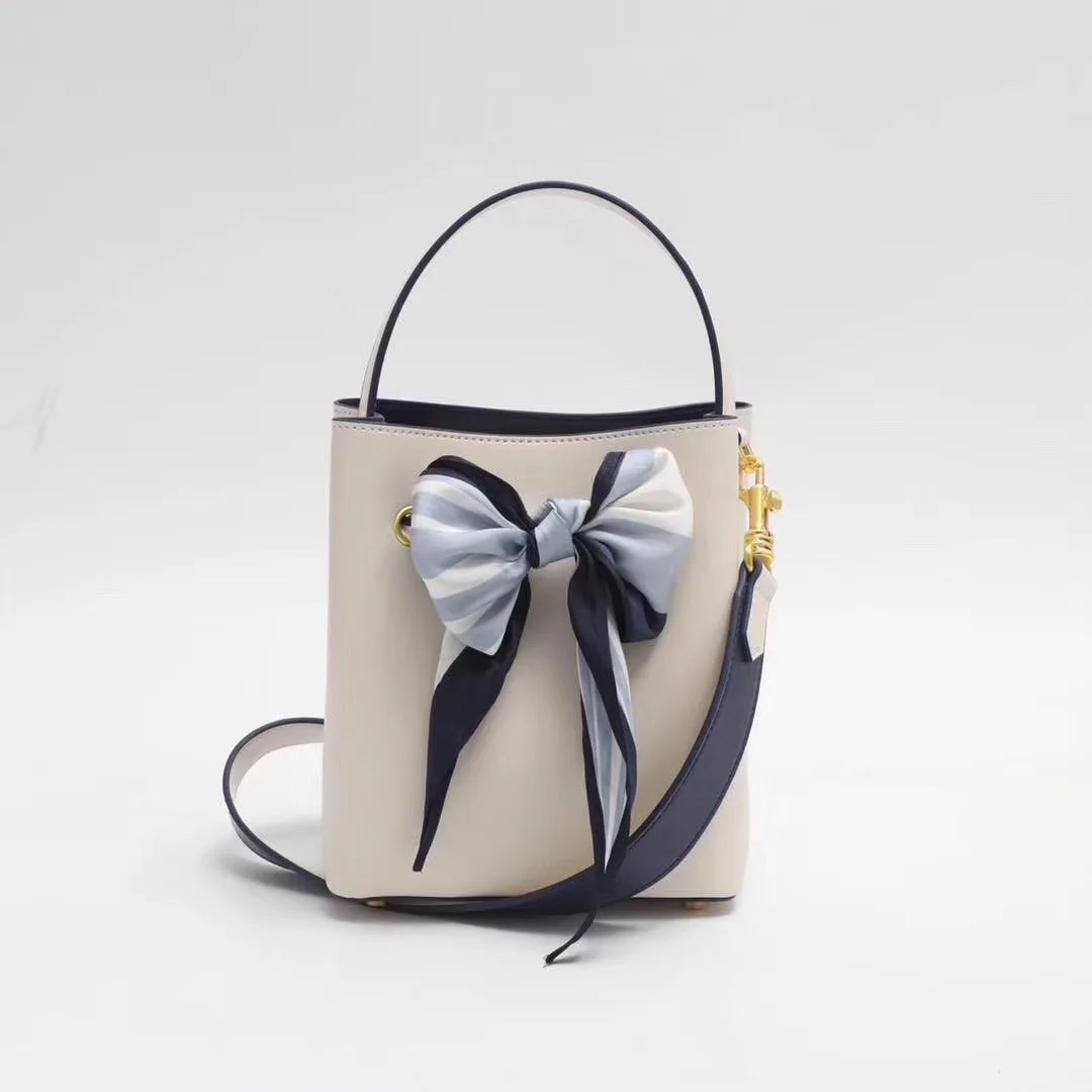

2019 New Ribbon Leather Contrast Bucket Bag Leather Shoulder Bag Fashion Lady Handbag