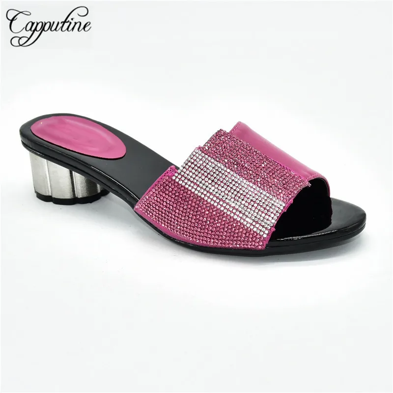 

Pretty fuchsia medium heel slippers hot sale African shoes with rhinestones for lady 88-3,heel height 5cm