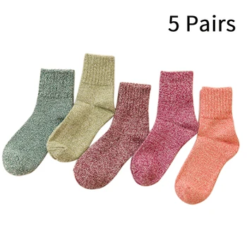 

5 Pairs Wear Resistant Knitting Thick Keep Warm Women Socks Soft Mid Calf Jacquard Weave Artificial Wool Daily Sweat Absorption