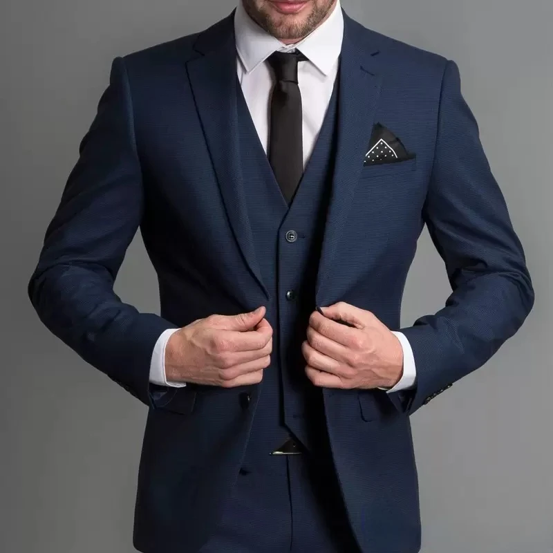 Navy Blue Male Suits Slim fit Notched Lapel  Wedding Tuxedos 3 Piece Sets Tailor Made Business Mens Costume (Blazer+Pants+Vest)