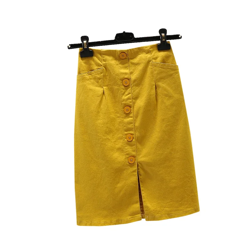 Весна-лето, Корейская женская джинсовая юбка с пуговицами, желтая, белая, черная, зеленая, тянущаяся джинсовая юбка-карандаш длиной до колена для женщин