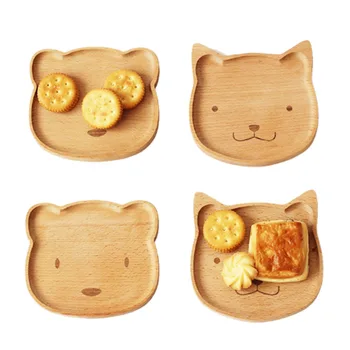 

Wooden Tableware Cute Cat/Bear Solid Wood Bowl Cartoon Pattern Food Fruit Dish Tray Child Baby Serving Wood Plate(4 Pack)