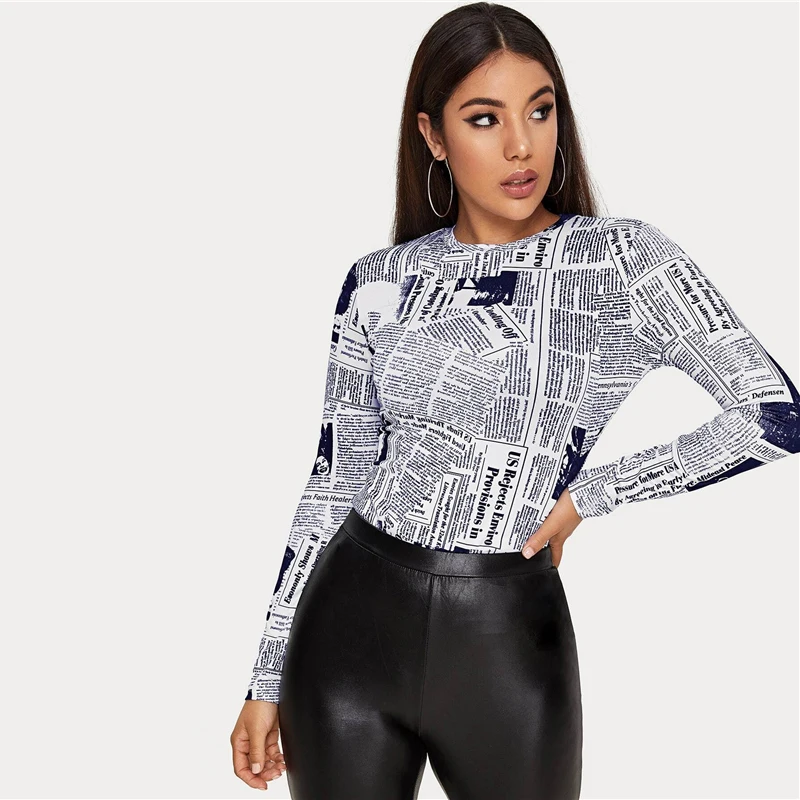 SHEIN Женская Повседневная футболка с буквенным принтом и круглым вырезом на весну и осень, облегающие уличные футболки с длинным рукавом