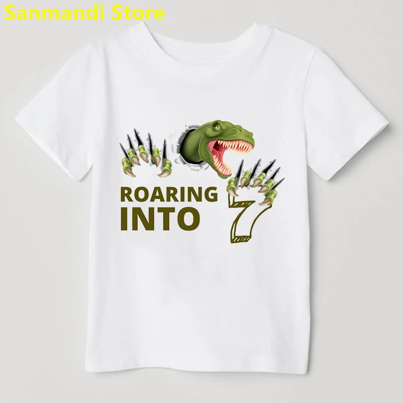 Roaring Into 4th-15th Birthday Gift Tshirt Girls/Boys Kids Clothes T-Rex Dinosaur Graphic Print T Shirt Kawaii Clothes T-Shirt