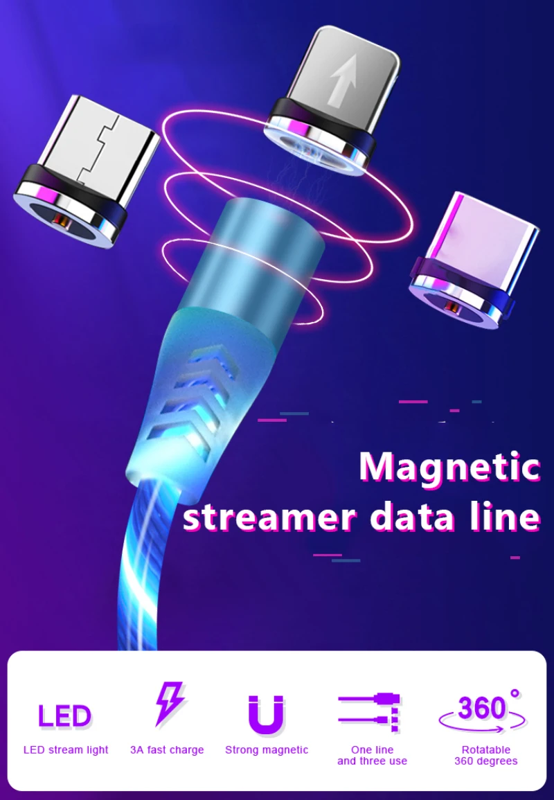 Цветной стример светодиодный магнитный кабель Micro USB type C Быстрая зарядка Pin-кабель для передачи данных для Xiaomi для huawei для samsung