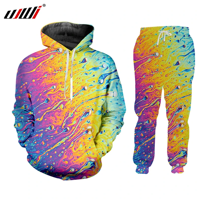 UJWI Tracksuit Winter Male 2-piece Creative Colorful Water Drops Sportswear Suit 3D Digital Printing Hoodies Men Custom