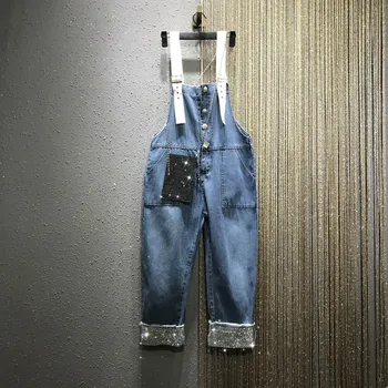 

Women Overall European Crystal Beaded Curling Bib Women's Spring Autumn New Loose Large Straight Slim Jeans Students Overalls