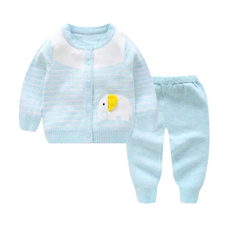 2 предмета, милая одежда со слонами для маленьких мальчиков и девочек, Хлопковый вязаный кардиган, свитер+ штаны, Одежда для новорожденных, Осень-зима, От 0 до 2 лет - Цвет: Небесно-голубой