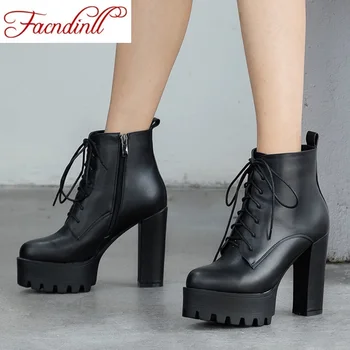 

FACNDINLL 2020 new fashion pu leather women ankle boots autumn winter shoes sexy high heels platform black riding boots size 43