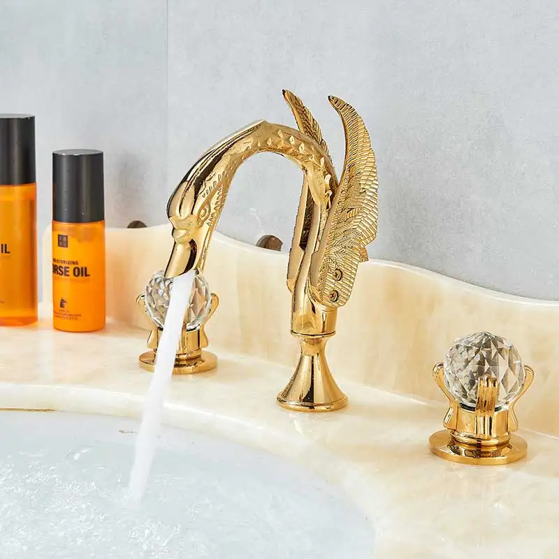 Кран для раковины Хрустальный ручной круг ванная с двойной ручкой керамический кран горячей и холодной воды смеситель в форме лебедя - Цвет: Gold