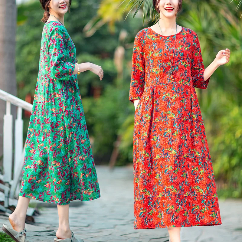 

Photo Shoot 2019 Spring New Style Retro Literature And Art High-waisted Printed Large Size Loose-Fit Three-quarter-length Sleeve