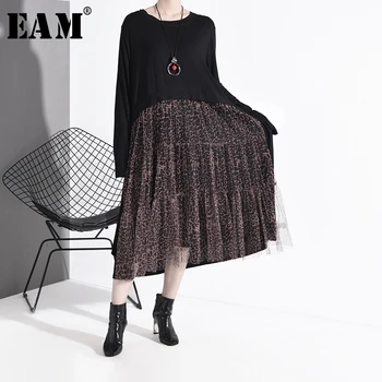 

[EAM] Women Black Mesh Leopard Split Big Size Dress New Round Neck Long Sleeve Loose Fit Fashion Tide Spring Autumn 2020 1N49101