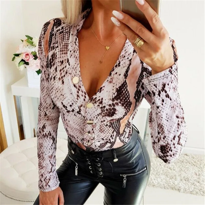 As Photo Show Women Long Sleeve Leopard Skin Prinetd Blouse Sexy Autumn Casual V-neck Blouse Shirt Slim V Neck Leotard Tops Fashion Slim Shirt - Цвет: As Photo Show