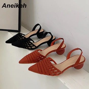

Aneikeh NEW 2020 Summer Fashion Women Pointed Toe Hollow Sandals Beach Shoes Round High Heels Back Strap Slip On Sandalias Mujer