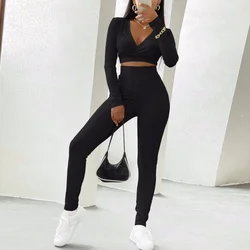 Women's Clothing 2 Two Piece Workout Set Long Sleeve Sports Suit Fitness Autumn Elastic Yoga Outfit Crop Top Leggings Activewear
